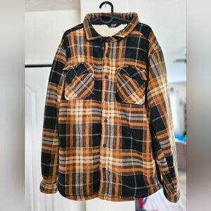 Members Mark Shacket Mens Brown Black Plaid Shirt Jacket Sherpa Lined Size L.